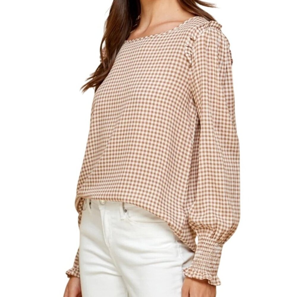 The Nines Gingham Blouse Size Small Ruffle Long Sleeve Smocked Cuffs Tan Neutral